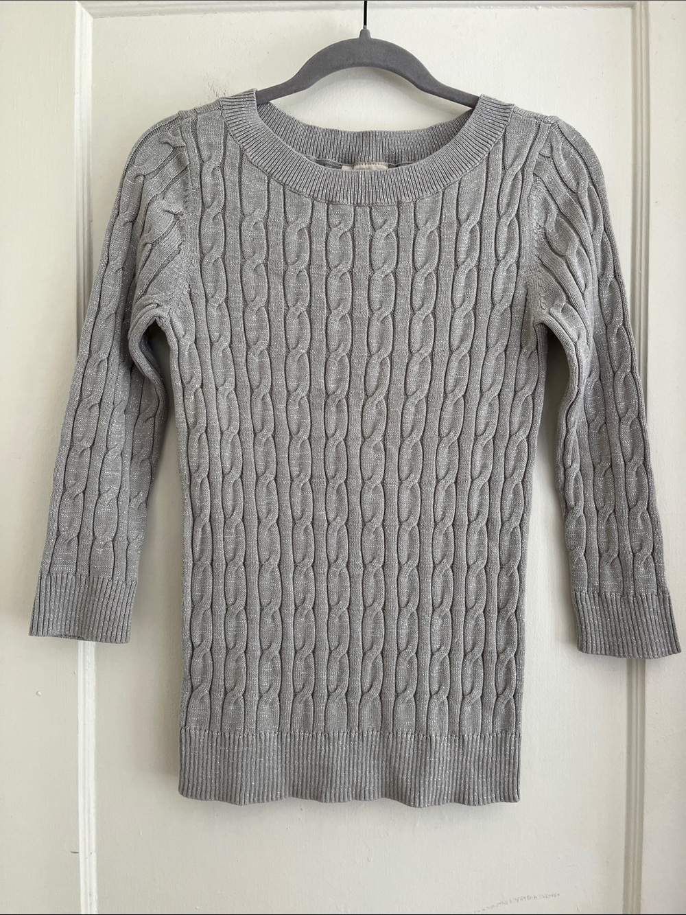 LOFT Gray & Silver Metallic Cable Knit Tight Fit Cotton Blend Holiday Sweater M